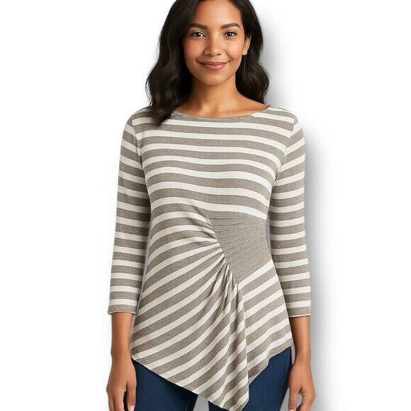 ECI NY Metallic Stripe Asymmetrical Pleated Top Beige Feminine Minimalist Size L - Picture 1 of 7
